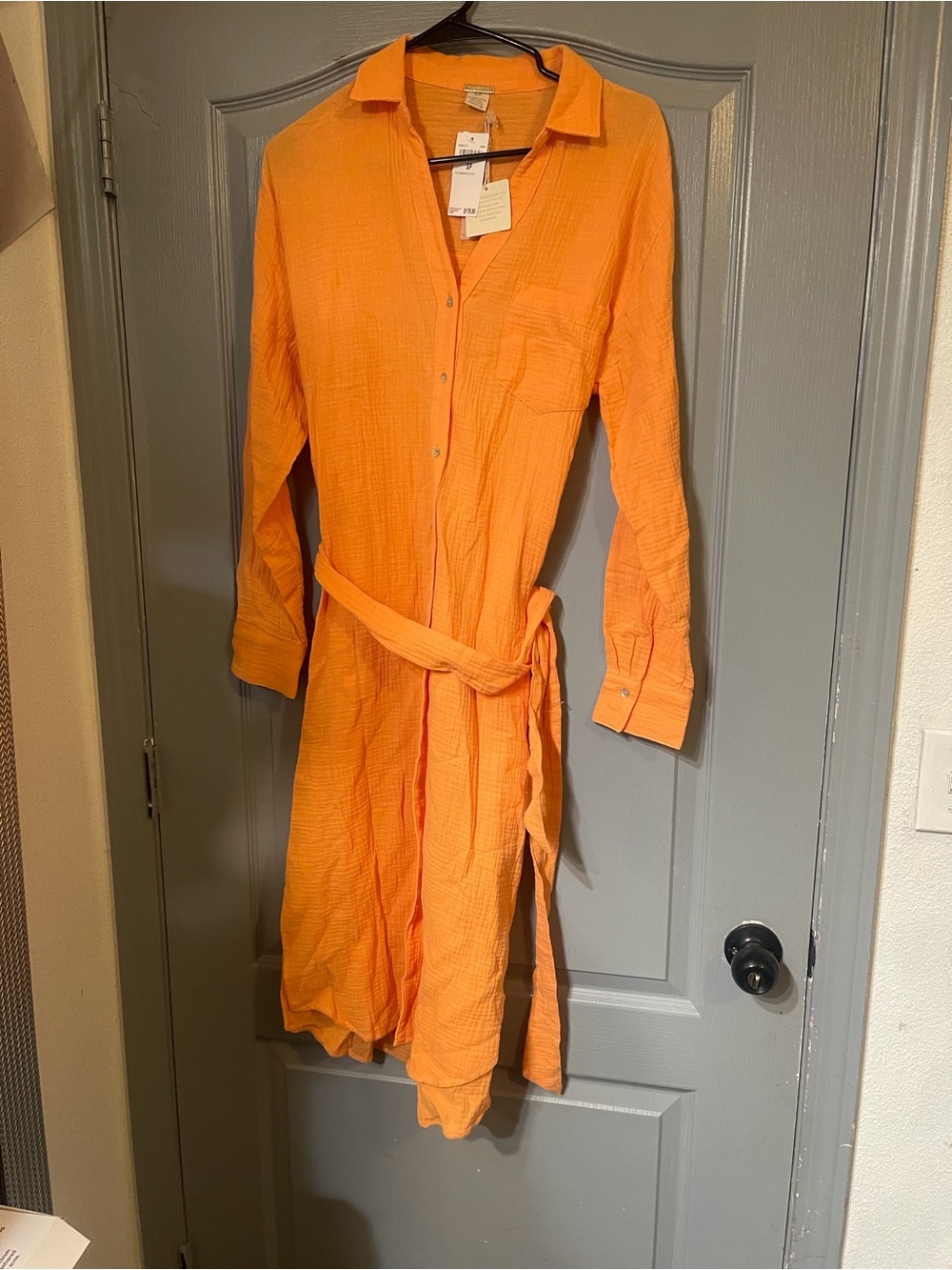 Magaschoni Orange Textured Long-Sleeve Shirt Dress with Waist Tie organic cotton - Picture 3 of 10